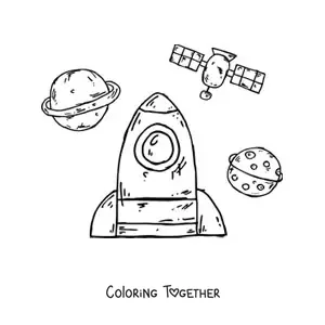 Coloring page of a cartoon rocket in space