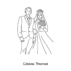 Coloring page of a beautiful bride wearing a hijab and a groom at their wedding