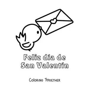 Coloring page of a bird with a love letter and the phrase Happy Valentine's Day