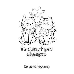 Coloring page of cats in love and the phrase I will love you forever