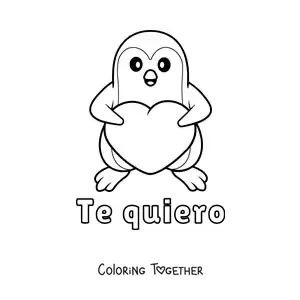 Coloring page of a penguin with a heart and the phrase I love you