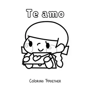 Coloring page of a girl with a love letter and the phrase I love you