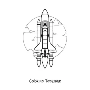 Coloring page of a realistic space rocket lifting off into the sky