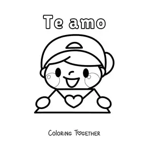 Coloring page of a boy with a love letter and the phrase I love you