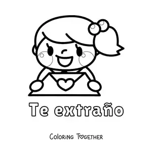Coloring page of a girl with a love letter and the phrase I miss you