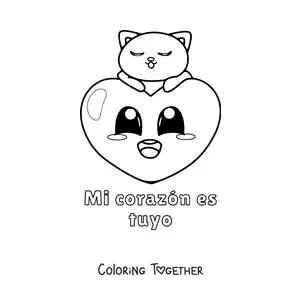 Coloring page of a cat with a heart and the phrase My heart is yours