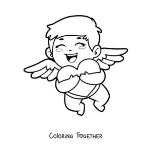 Coloring page of Cupid hugging a heart