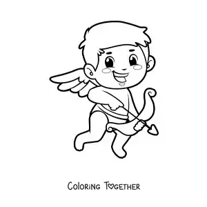 Coloring page of an animated Cupid with a bow and arrow