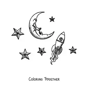Coloring page of a cartoon rocket reaching the moon