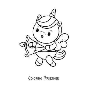 Coloring page of an animated unicorn dressed as Cupid shooting