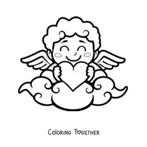 Coloring page of an animated Cupid with a heart on a cloud