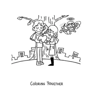 Coloring page of Cupid striking a couple in love with an arrow