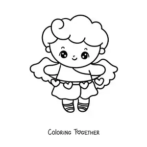 Coloring page of an animated Cupid with hearts