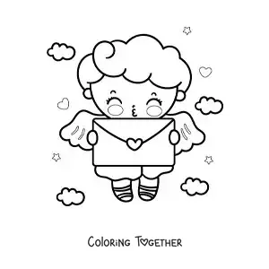 Coloring page of an animated Cupid angel with a love letter