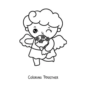 Coloring page of an animated Cupid angel with a bouquet of flowers