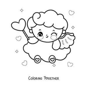 Coloring page of an animated Cupid angel with a heart on a cloud