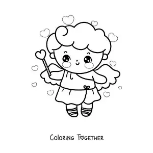 Coloring page of an animated Cupid angel with a heart