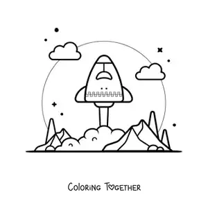 Coloring page of a rocket lifting off from the earth