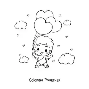 Coloring page of a funny animated baby Cupid with heart balloons