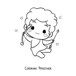 Coloring page of a sweet animated baby Cupid with a bow and an arrow