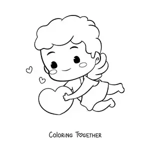 Coloring page of a cute animated baby Cupid with hearts