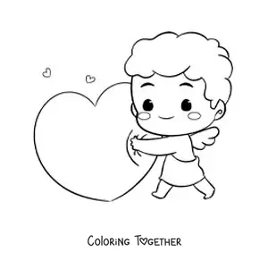 Coloring page of a cute animated baby Cupid hugging a heart