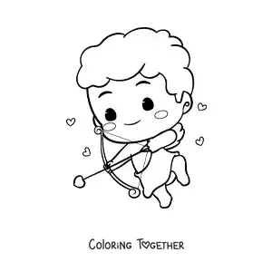 Coloring page of a cute animated baby Cupid shooting an arrow