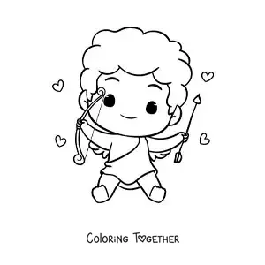 Coloring page of a cute baby Cupid sitting with hearts