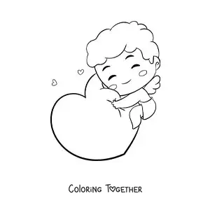 Coloring page of a cute funny baby Cupid hugging a heart