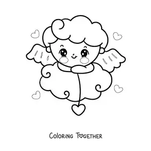 Coloring page of a cute animated baby Cupid on a cloud