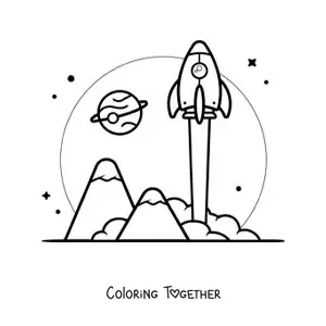 Coloring page of a rocket lifting off into space