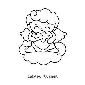 Coloring page of a cute animated baby Cupid with a heart-shaped cookie