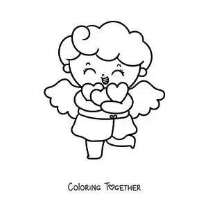 Coloring page of a cute baby Cupid with hearts