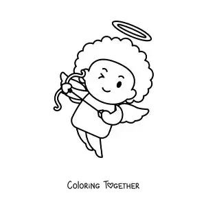 Coloring page of a cartoon Cupid shooting an arrow