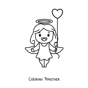 Coloring page of a cartoon Cupid with a heart balloon