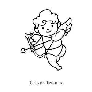 Coloring page of a cartoon baby Cupid shooting an arrow