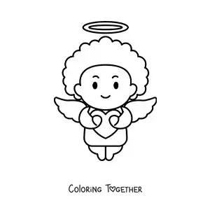 Coloring page of a cartoon Cupid with a heart
