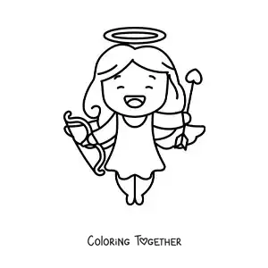Coloring page of a cartoon Cupid smiling with a bow and arrow