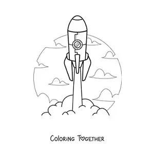 Coloring page of a rocket lifting off into the sky