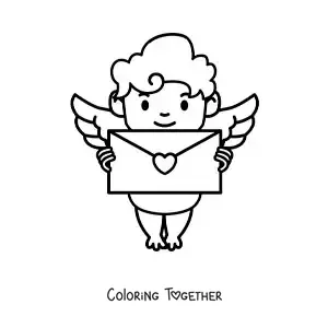 Coloring page of a cartoon Cupid with a love letter