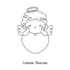 Coloring page of Cupid leaning on a giant heart