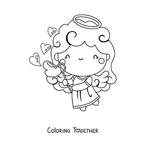 Coloring page of a Cupid angel with heart bubbles