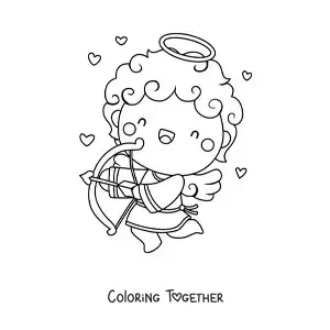 Coloring page of a Cupid angel shooting with hearts