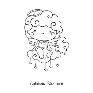 Coloring page of a Cupid angel on a cloud with hearts