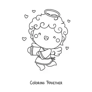 Coloring page of a Cupid angel flying with hearts