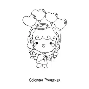 Coloring page of a Cupid angel with Valentine balloons