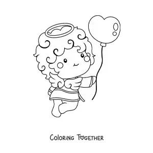 Coloring page of a beautiful animated Cupid angel with a Valentine balloon