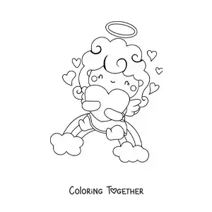 Coloring page of a Cupid angel on a rainbow with hearts