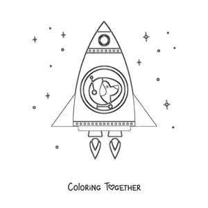 Coloring page of a cartoon space dog in a rocket in space