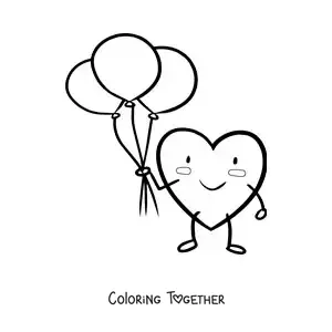 Coloring page of a sweet animated heart with balloons